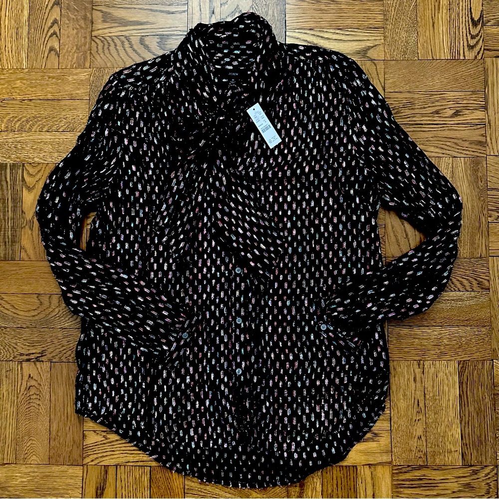 J.Crew Slightly Sheer Tie-neck Blouse with Rainbow Lurex Dots